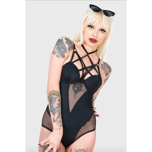 Killstar ✦ Sacred Ocean Swimsuit M ✦ Pentagram Fishnet Choker Gothic One-Piece - Picture 4 of 6